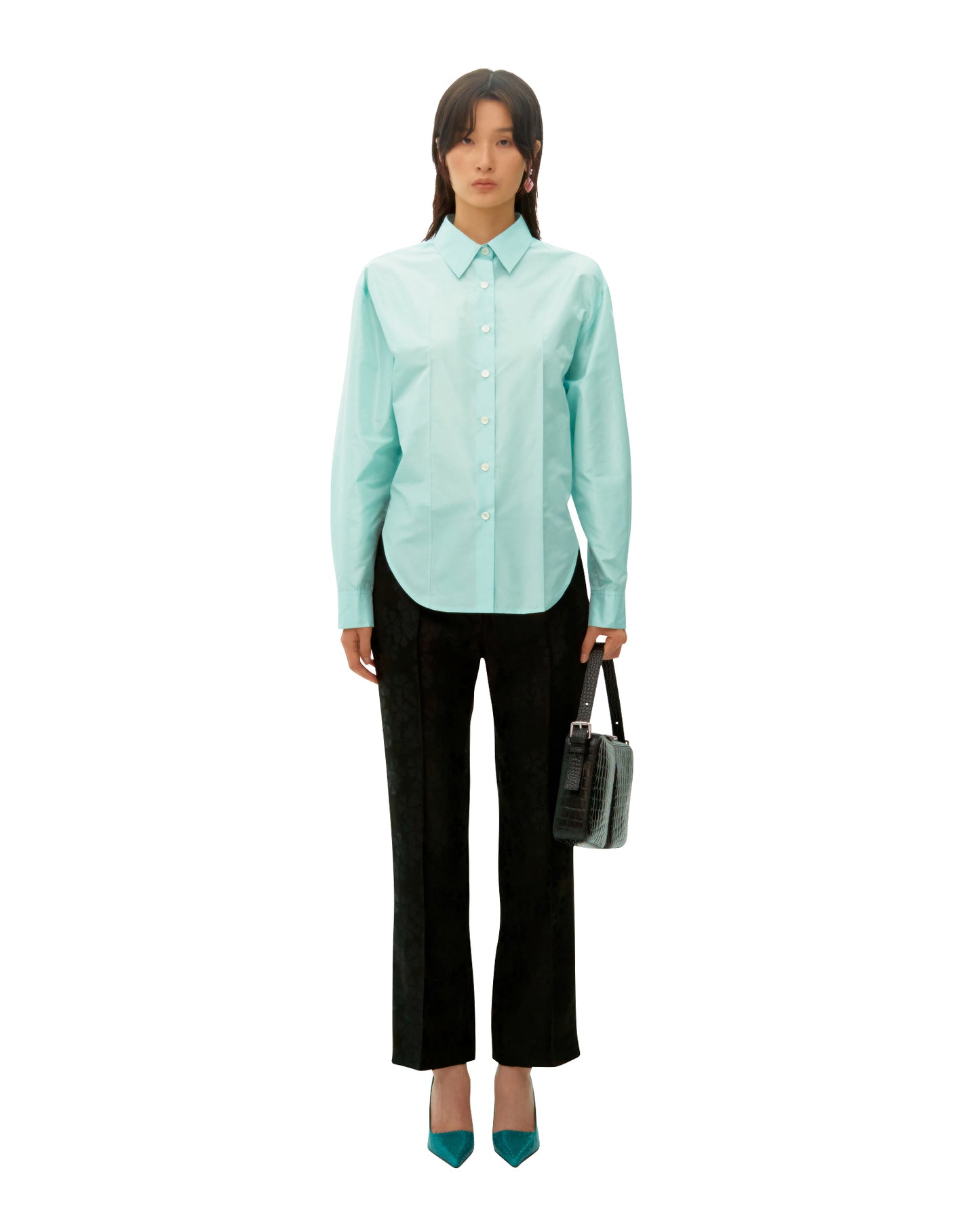 LIGHT BLUE SILK BANDED SHIRT