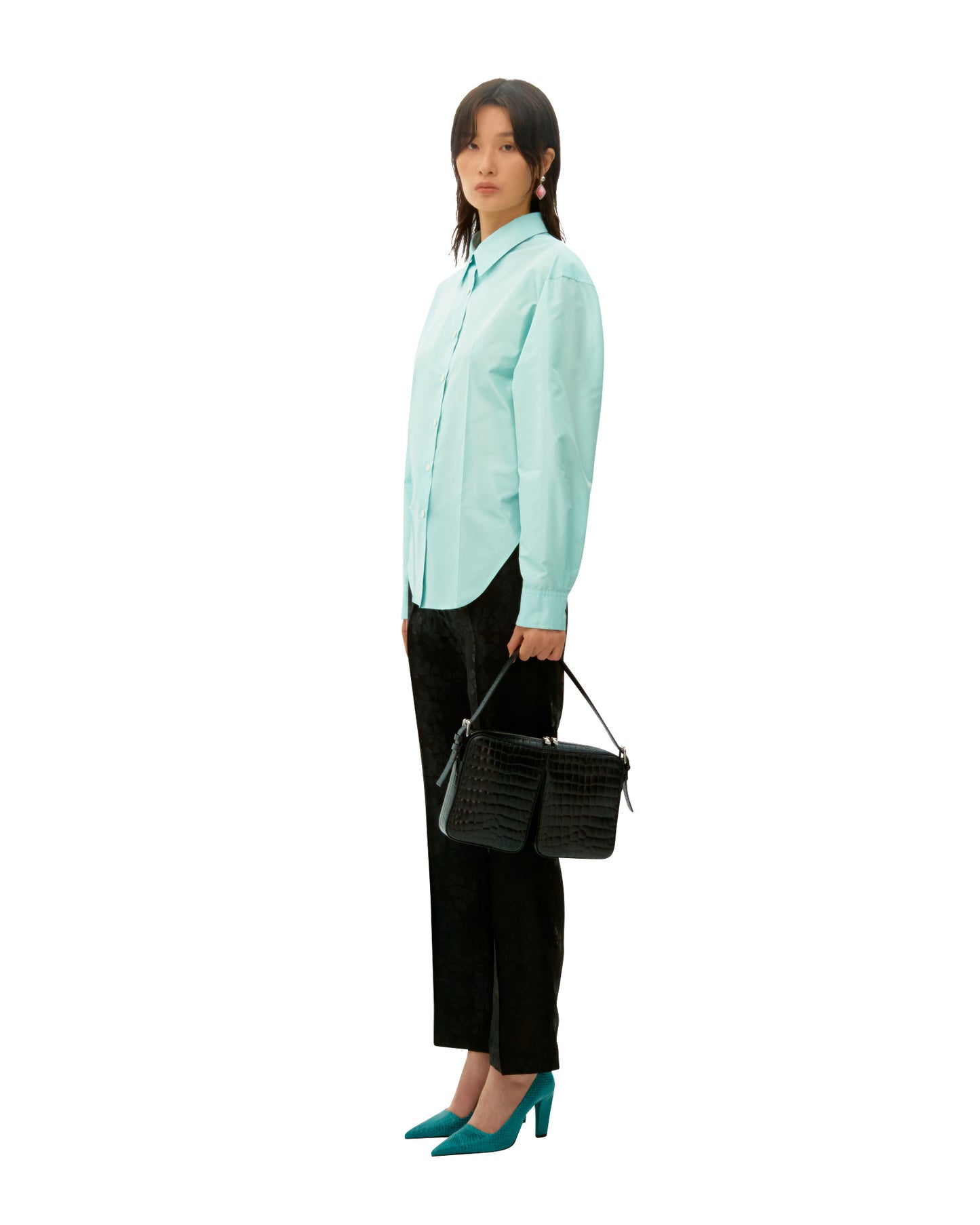 LIGHT BLUE SILK BANDED SHIRT