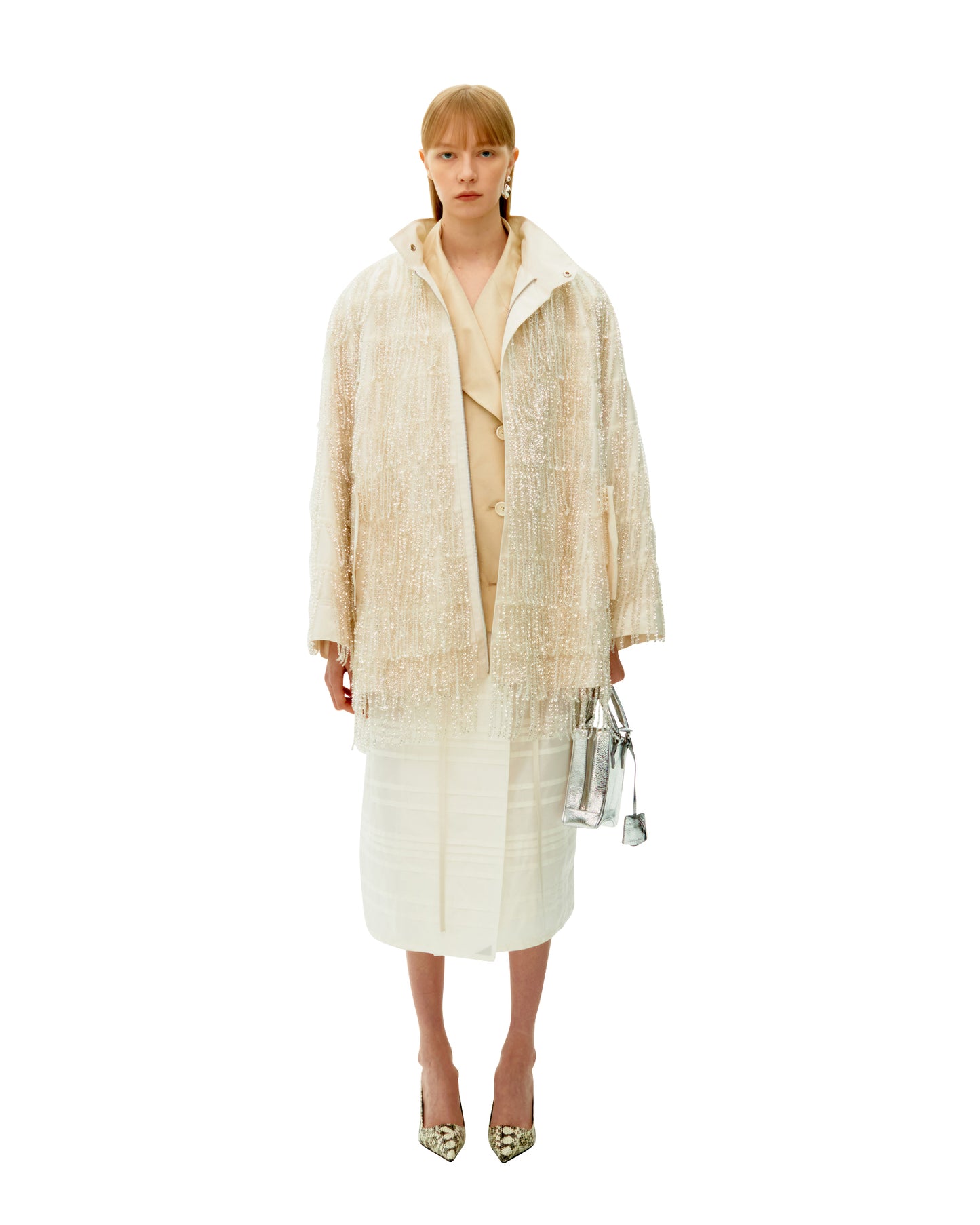 WHITE SEQUIN FRINGE SILK PARKA