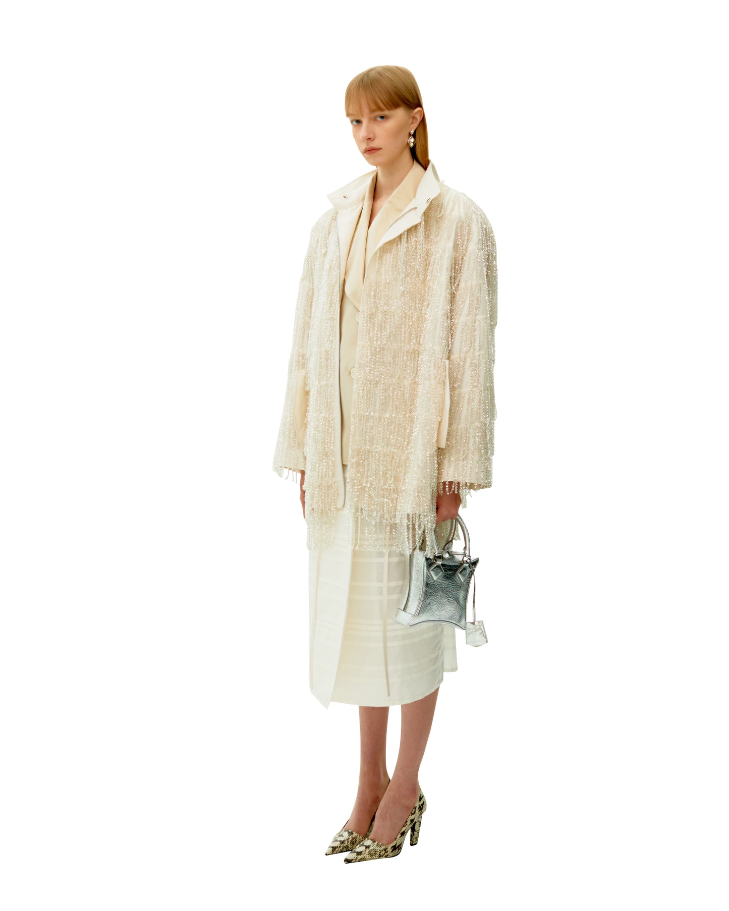 WHITE SEQUIN FRINGE SILK PARKA