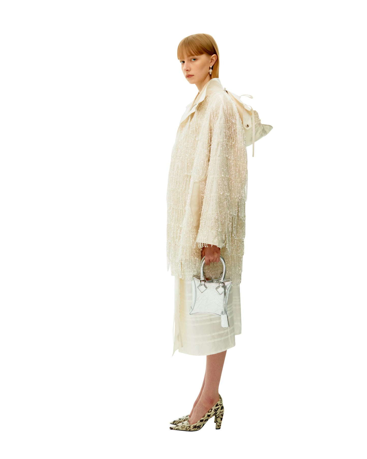 WHITE SEQUIN FRINGE SILK PARKA