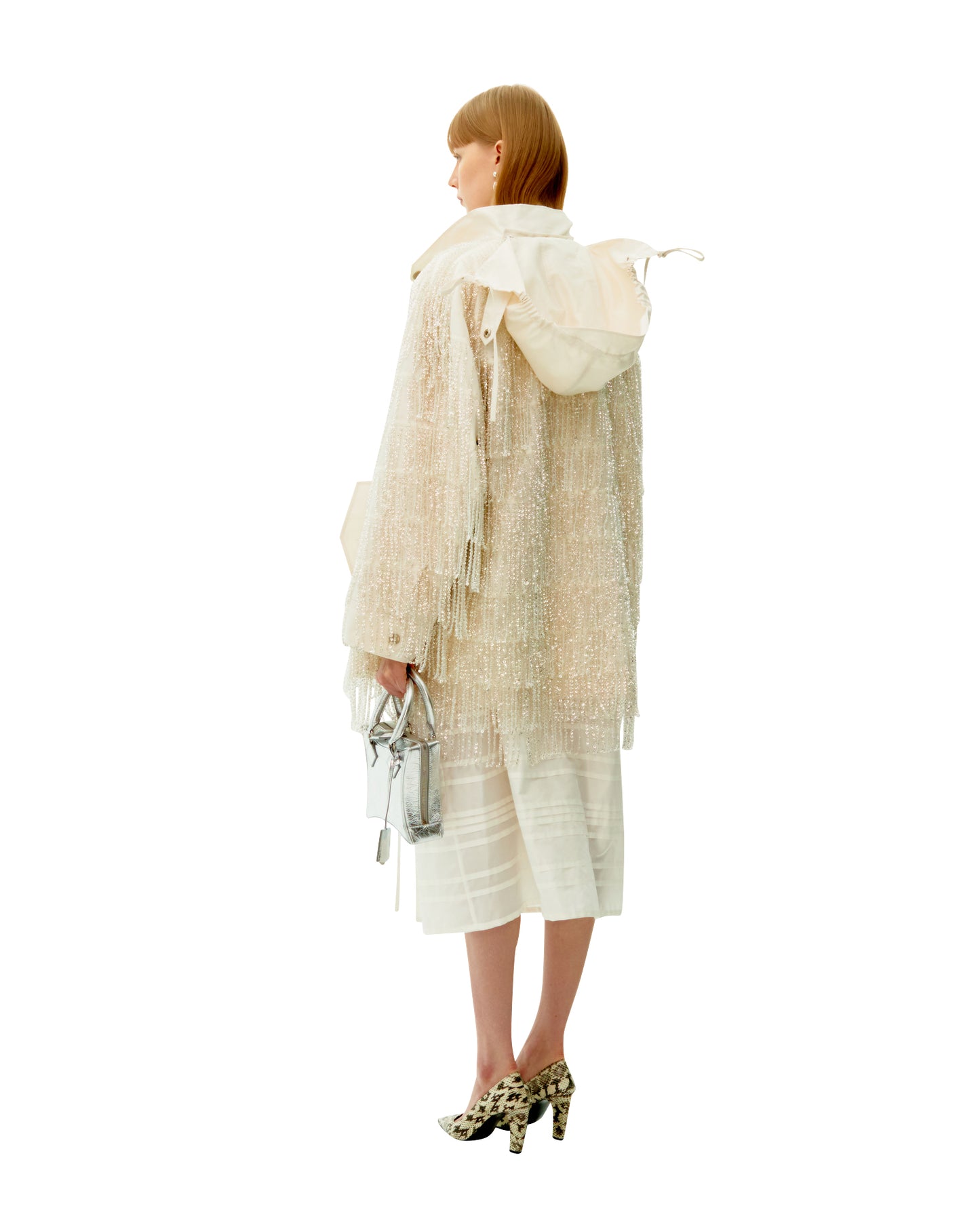 WHITE SEQUIN FRINGE SILK PARKA