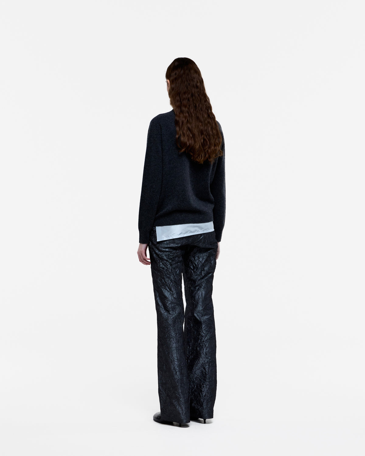 GRAY CREASED SILK TAFFETA BELL BOTTOM TROUSERS