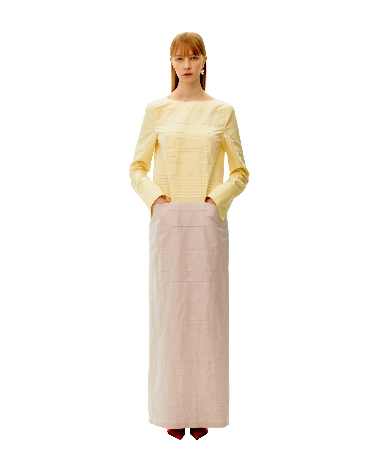 PINTUCK STRIPED SILK DRESS