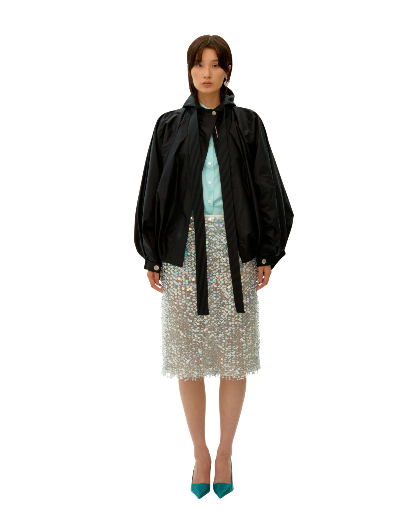BLACK LONG RIBBON SILK CLOUDS PARKA