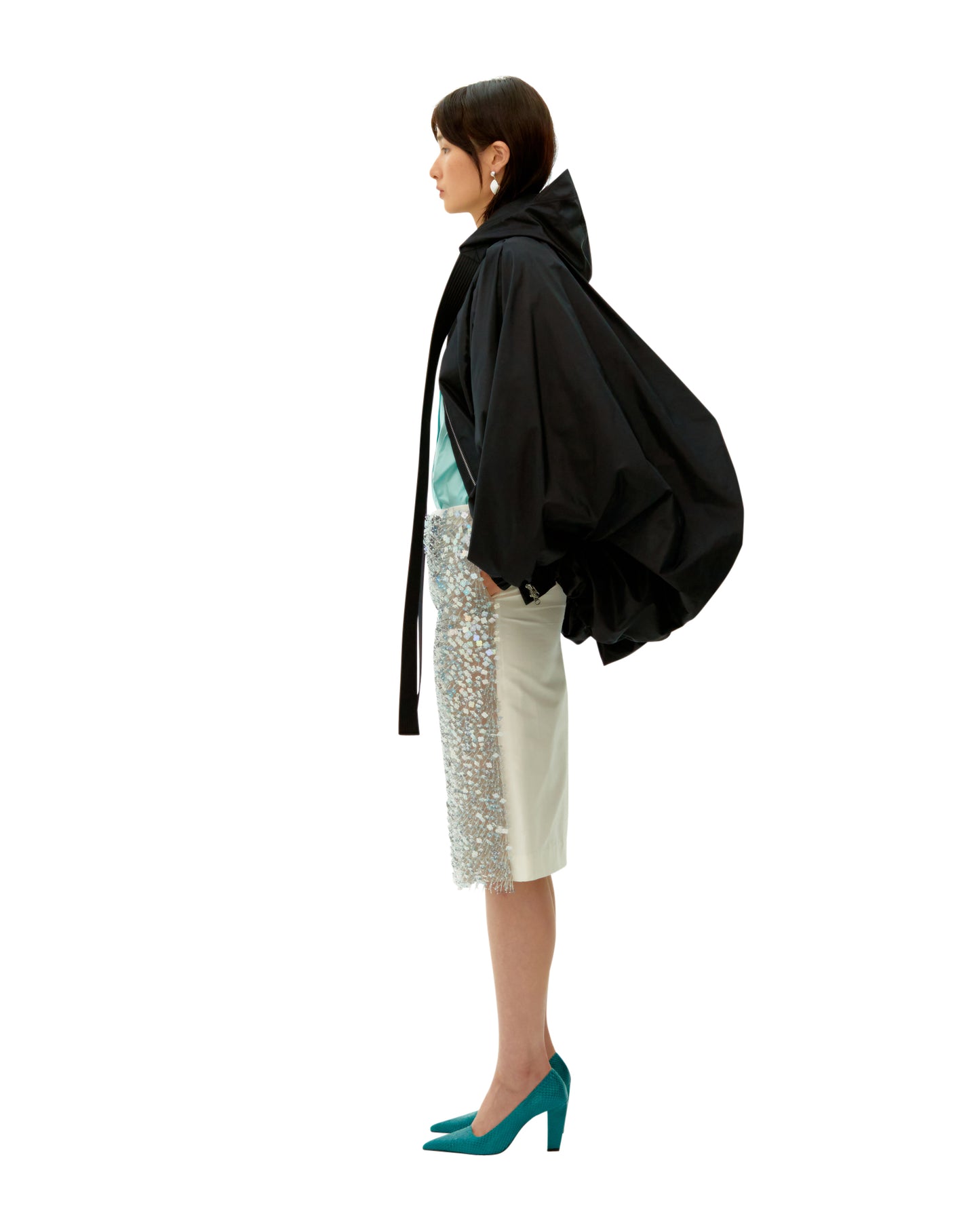BLACK LONG RIBBON SILK CLOUDS PARKA