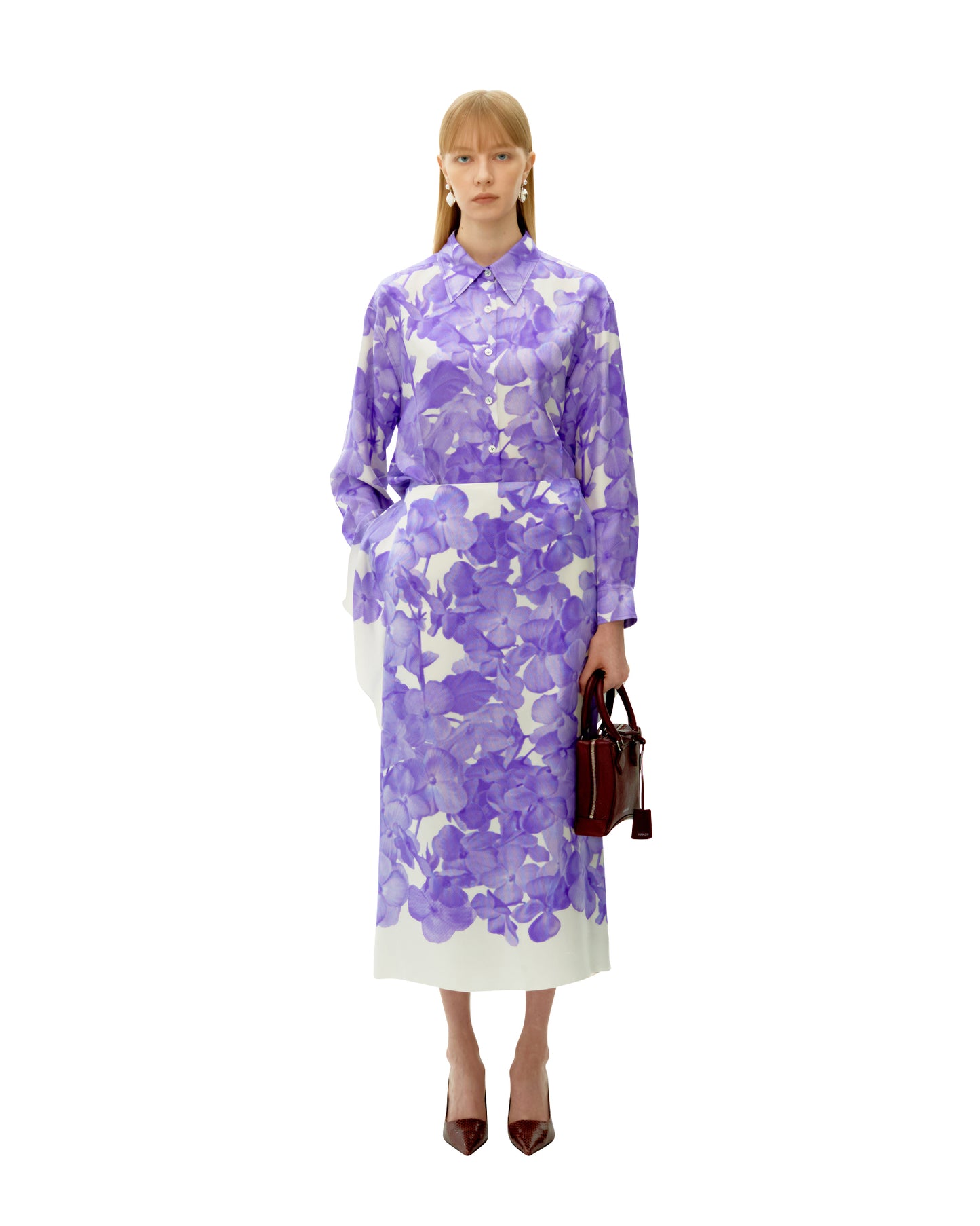 VIOLET BEGONIA PRINTED SILK FLAG SKIRT