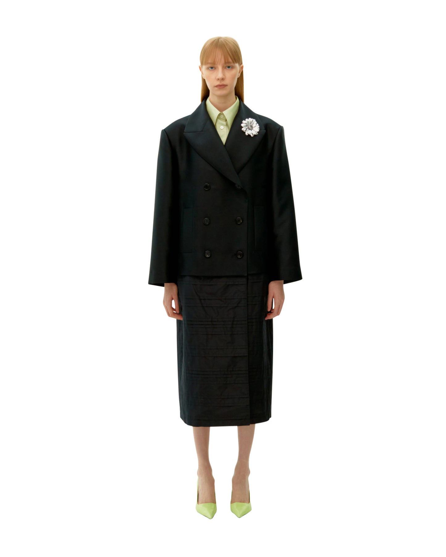 BLACK PINTUCK STRIPE LONG COAT