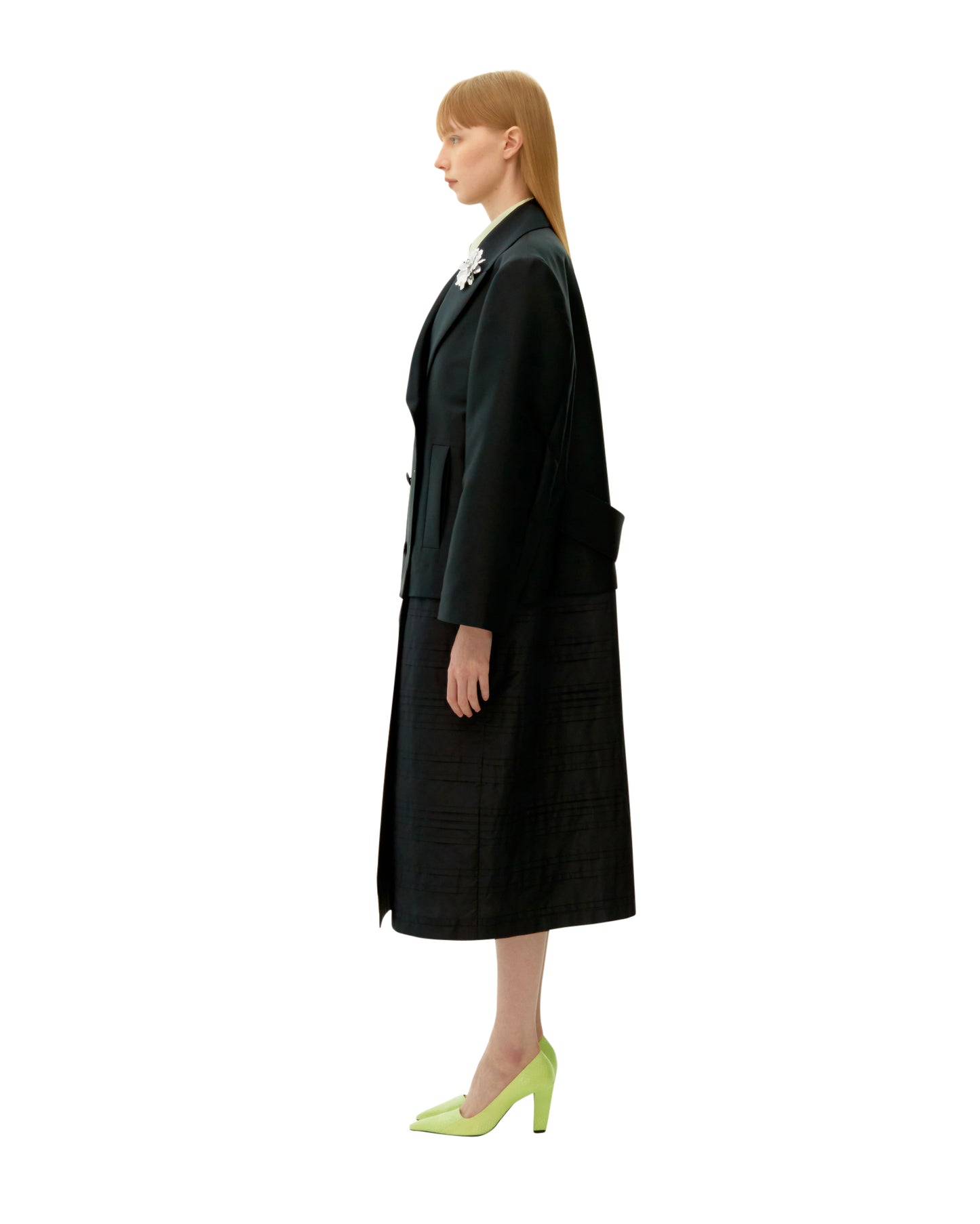 BLACK PINTUCK STRIPE LONG COAT
