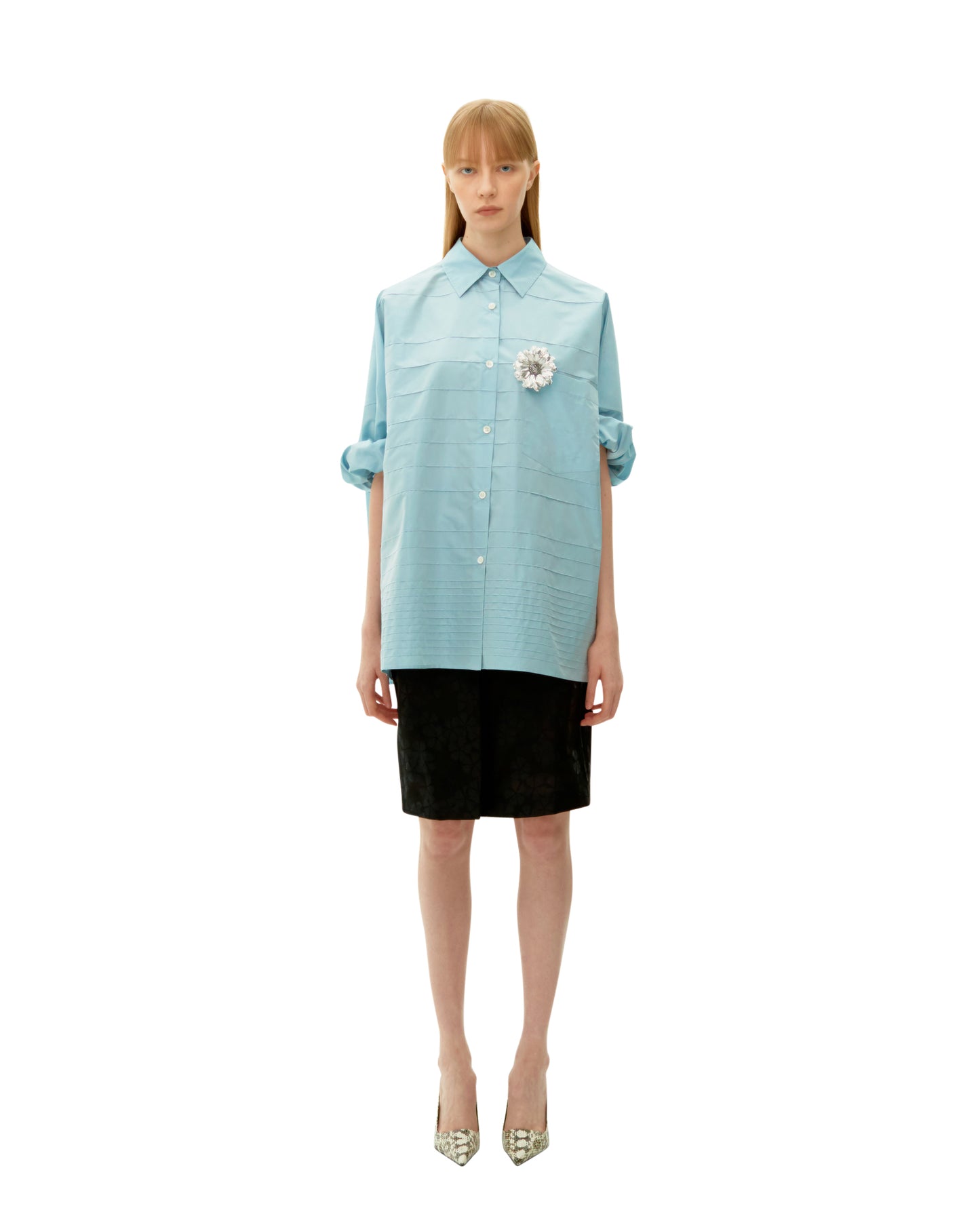 LIGHT BLUE PINTUCK STRIPE SILK SHIRT