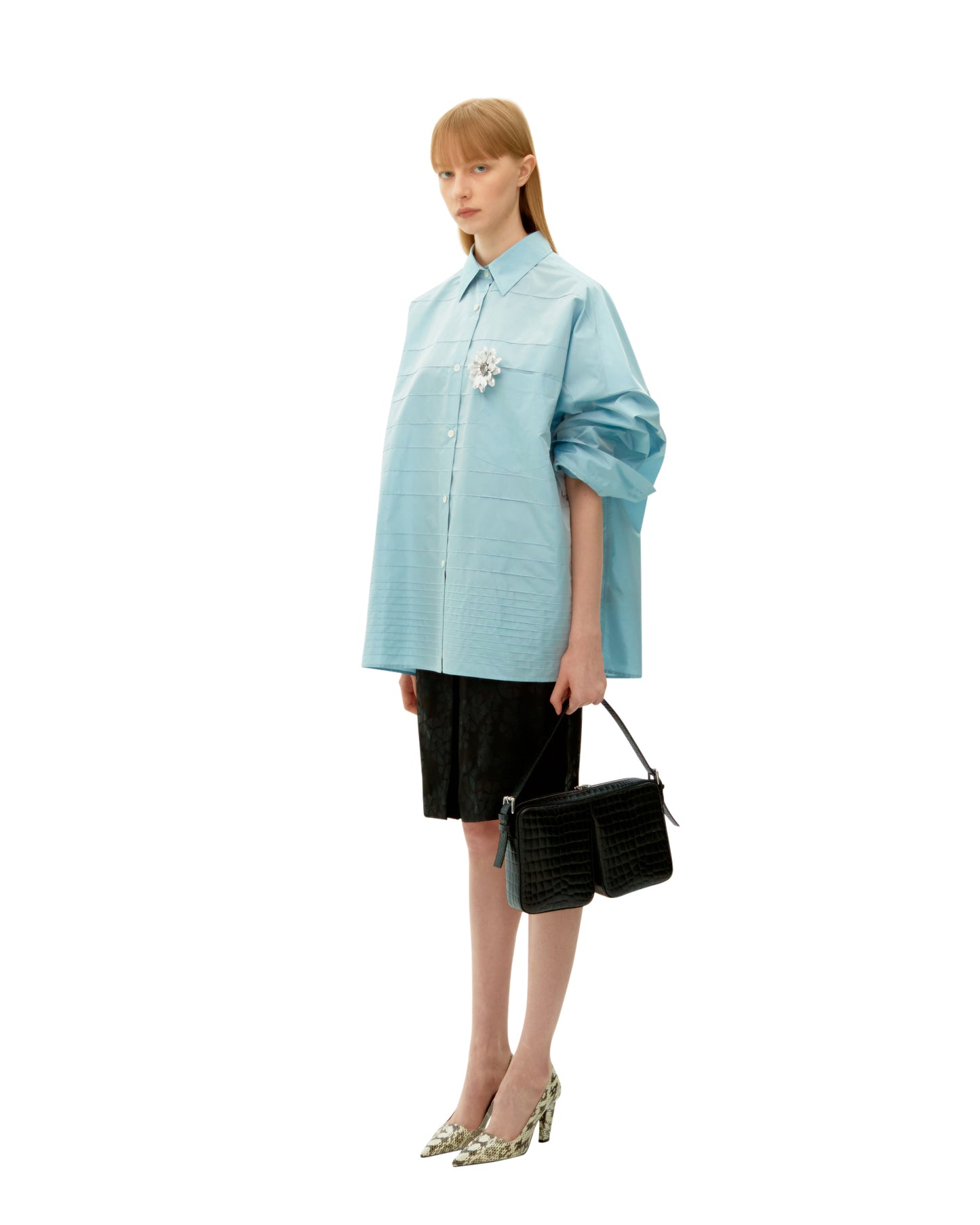 LIGHT BLUE PINTUCK STRIPE SILK SHIRT