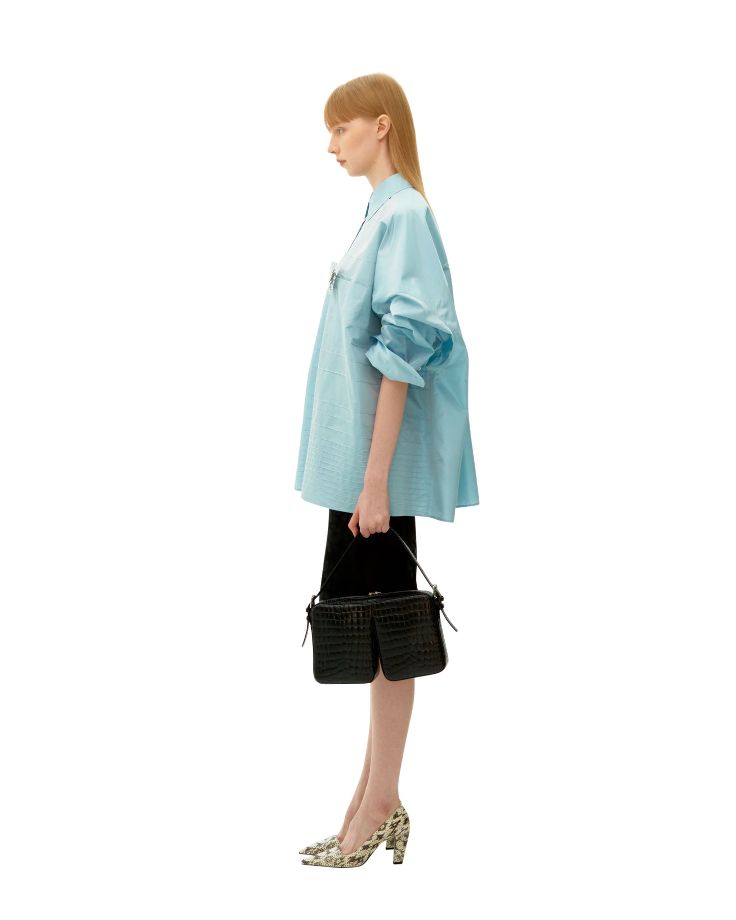 LIGHT BLUE PINTUCK STRIPE SILK SHIRT