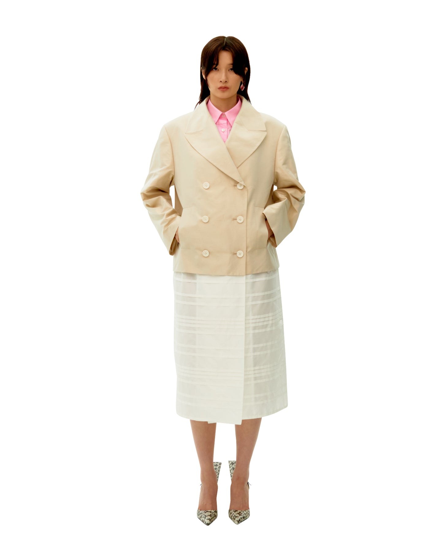 BEIGE PINTUCK STRIPE LONG COAT