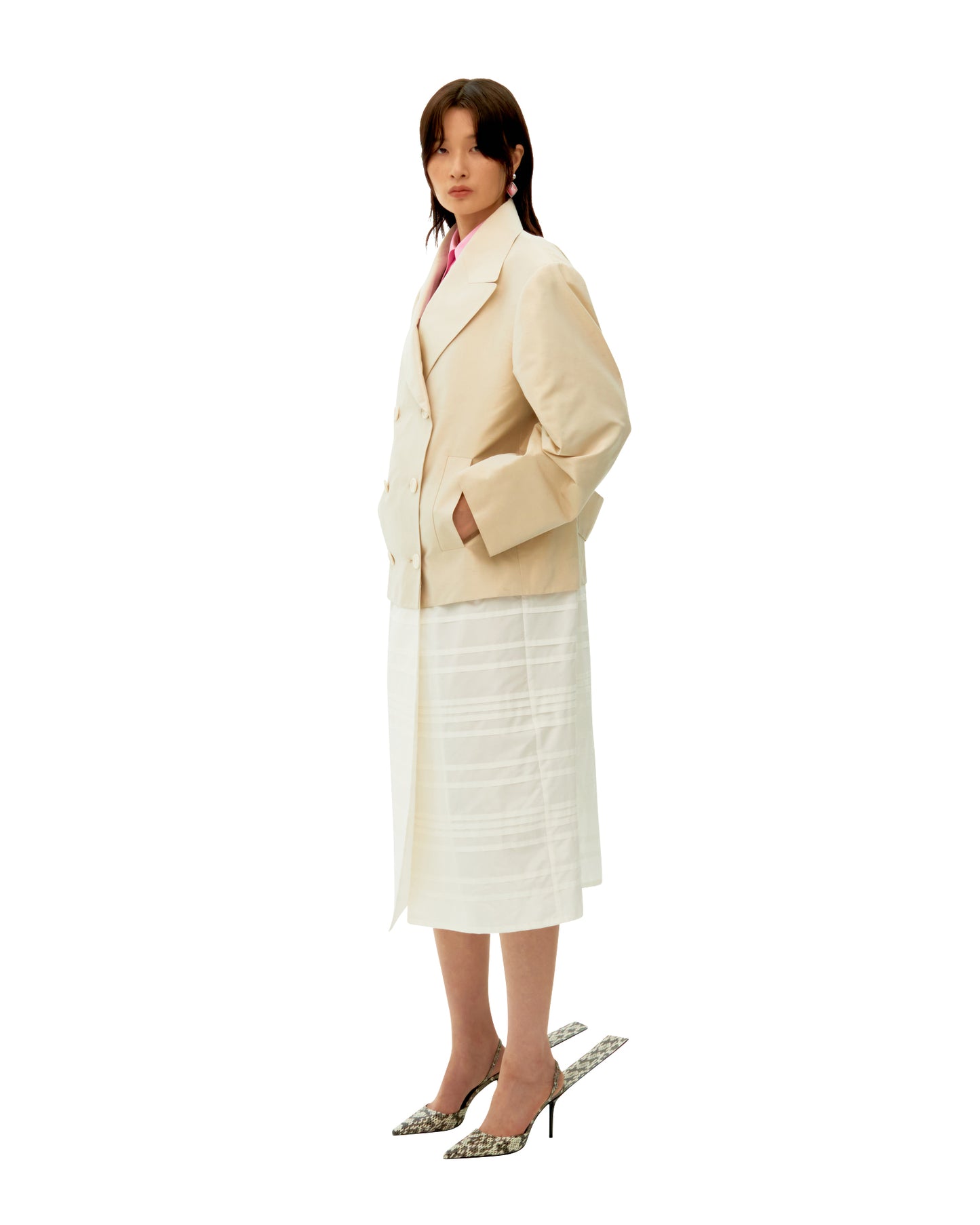 BEIGE PINTUCK STRIPE LONG COAT