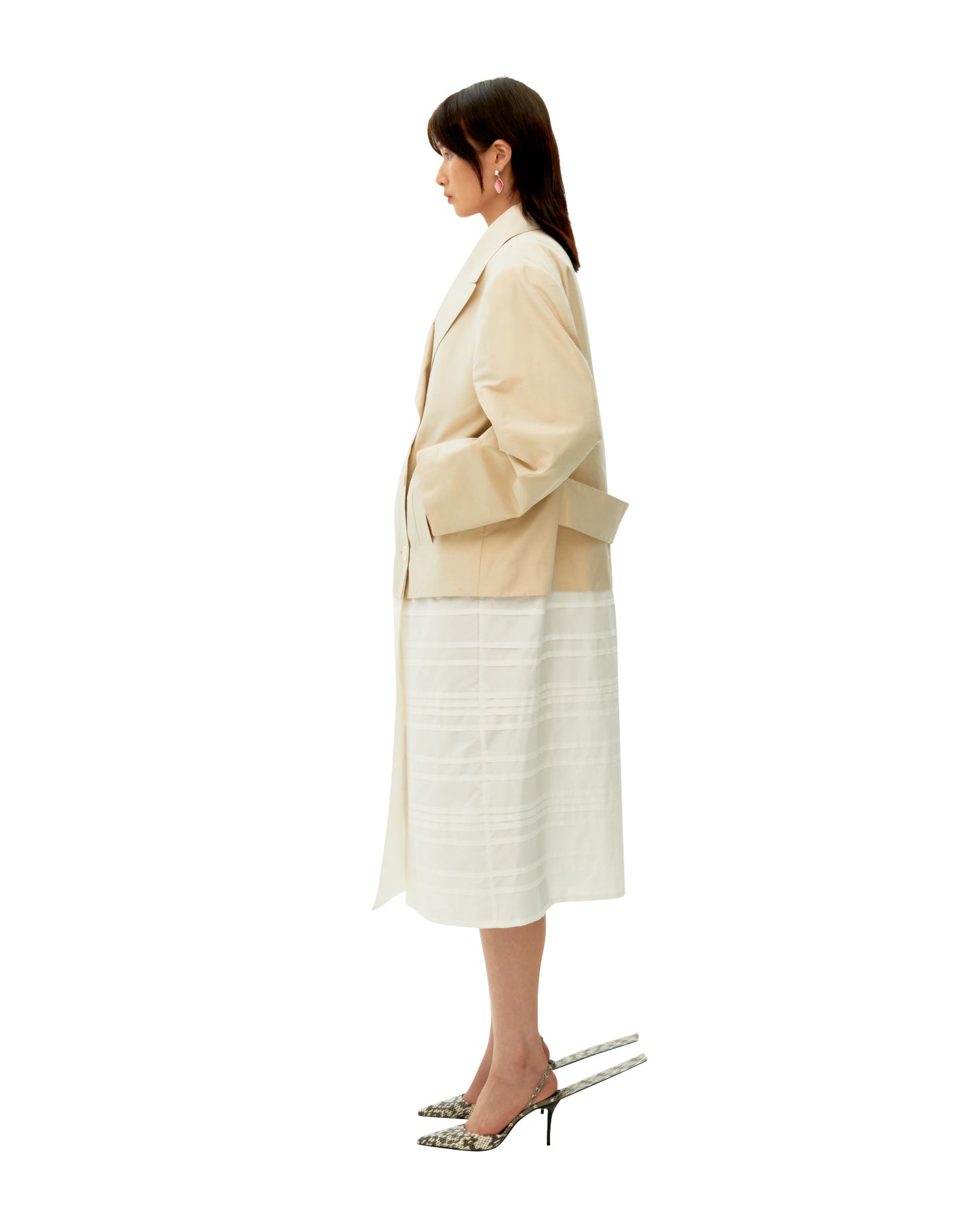 BEIGE PINTUCK STRIPE LONG COAT