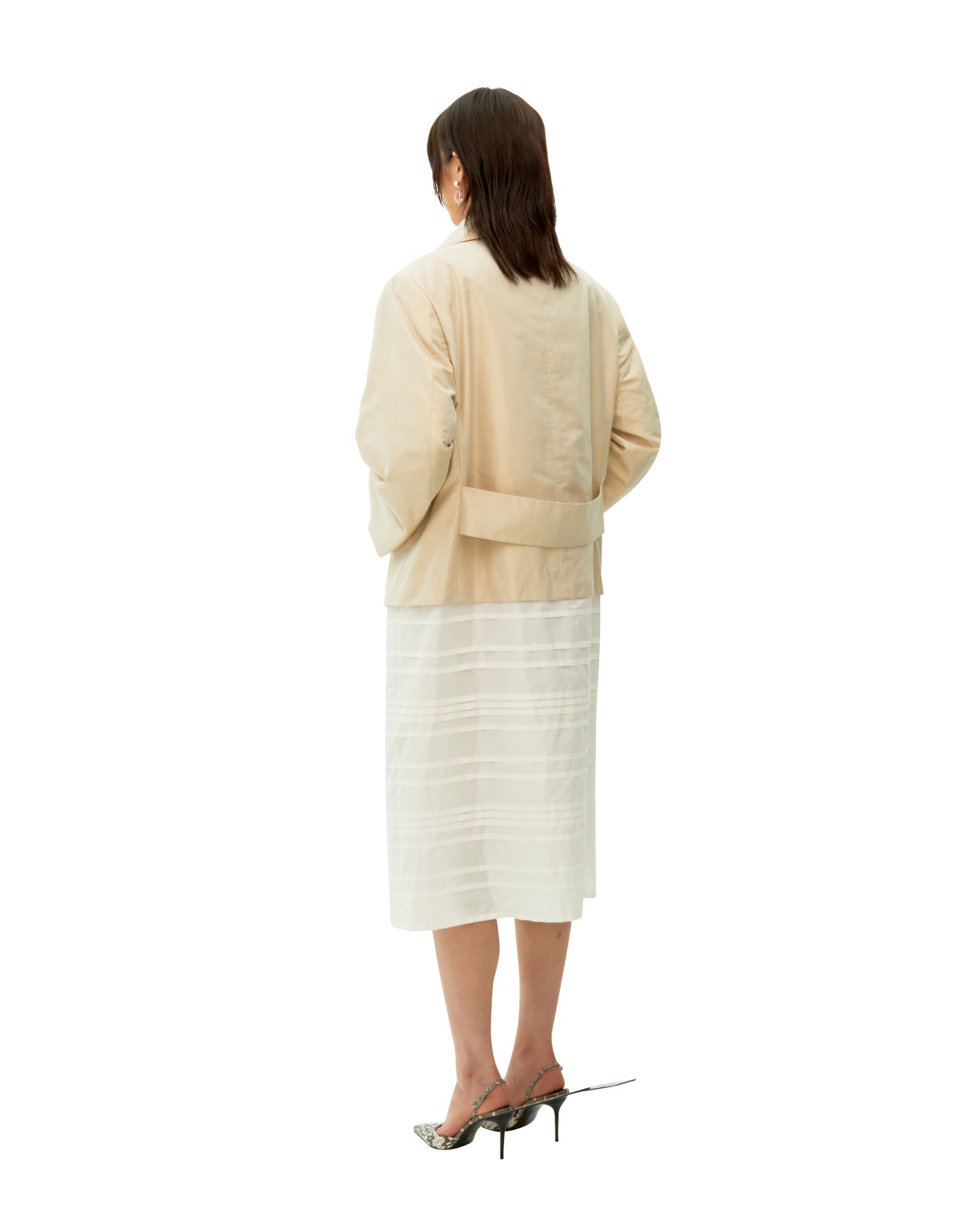 BEIGE PINTUCK STRIPE LONG COAT