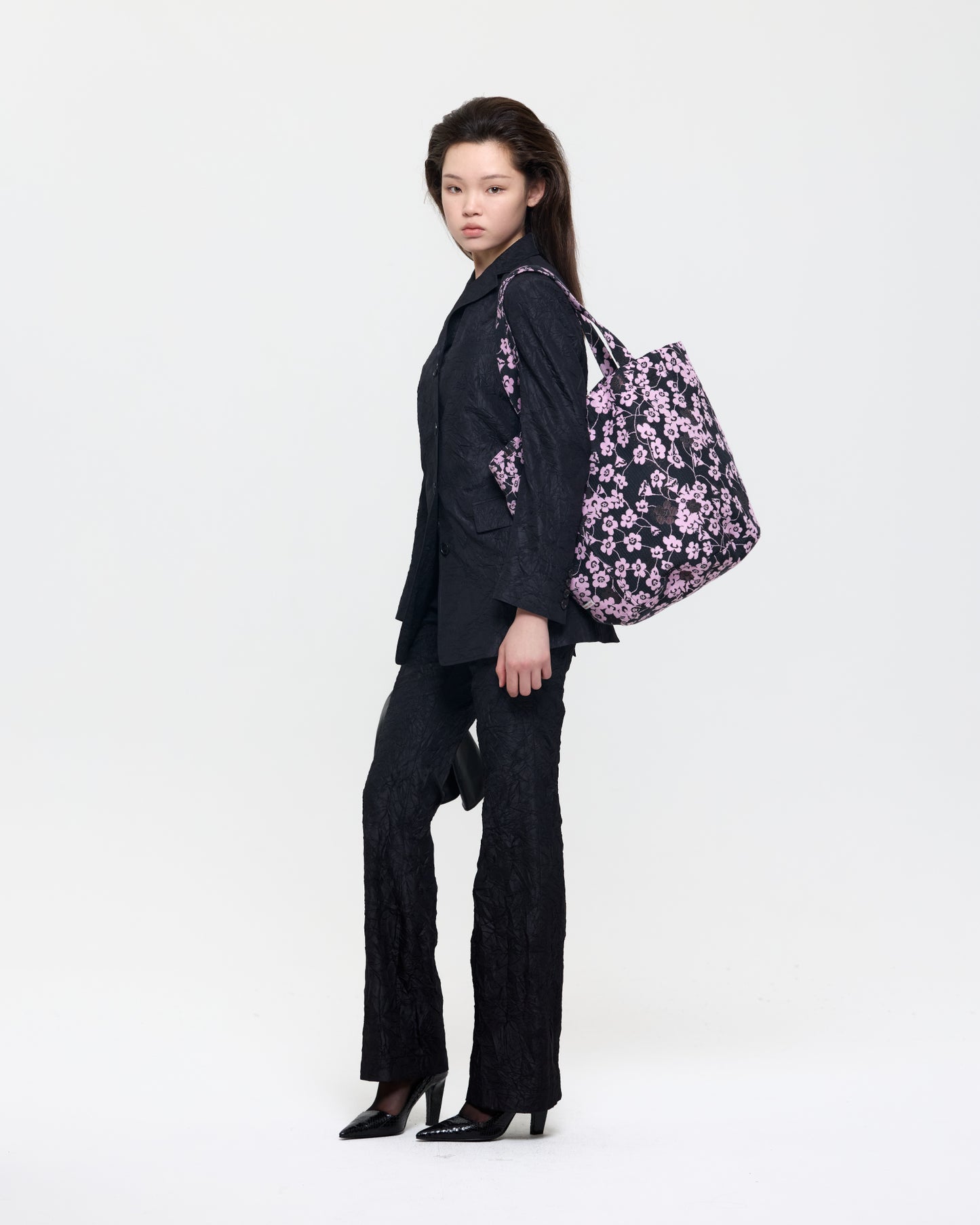 BLACK CREASED SILK TAFFETA BELL BOTTOM TROUSERS