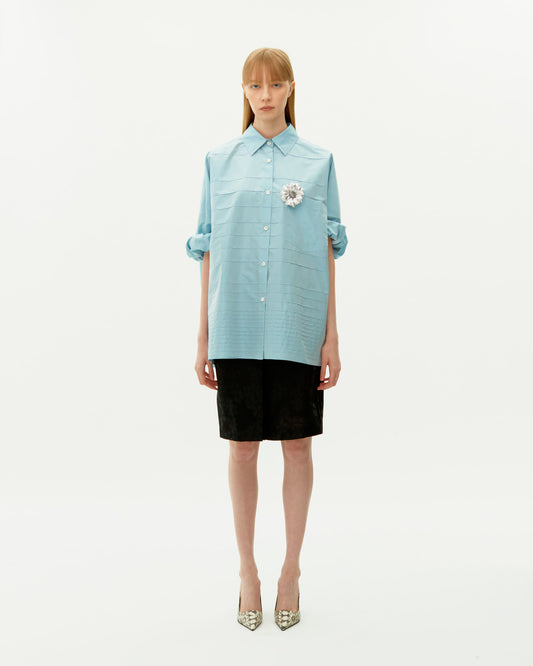 LIGHT BLUE PINTUCK STRIPE SILK SHIRT