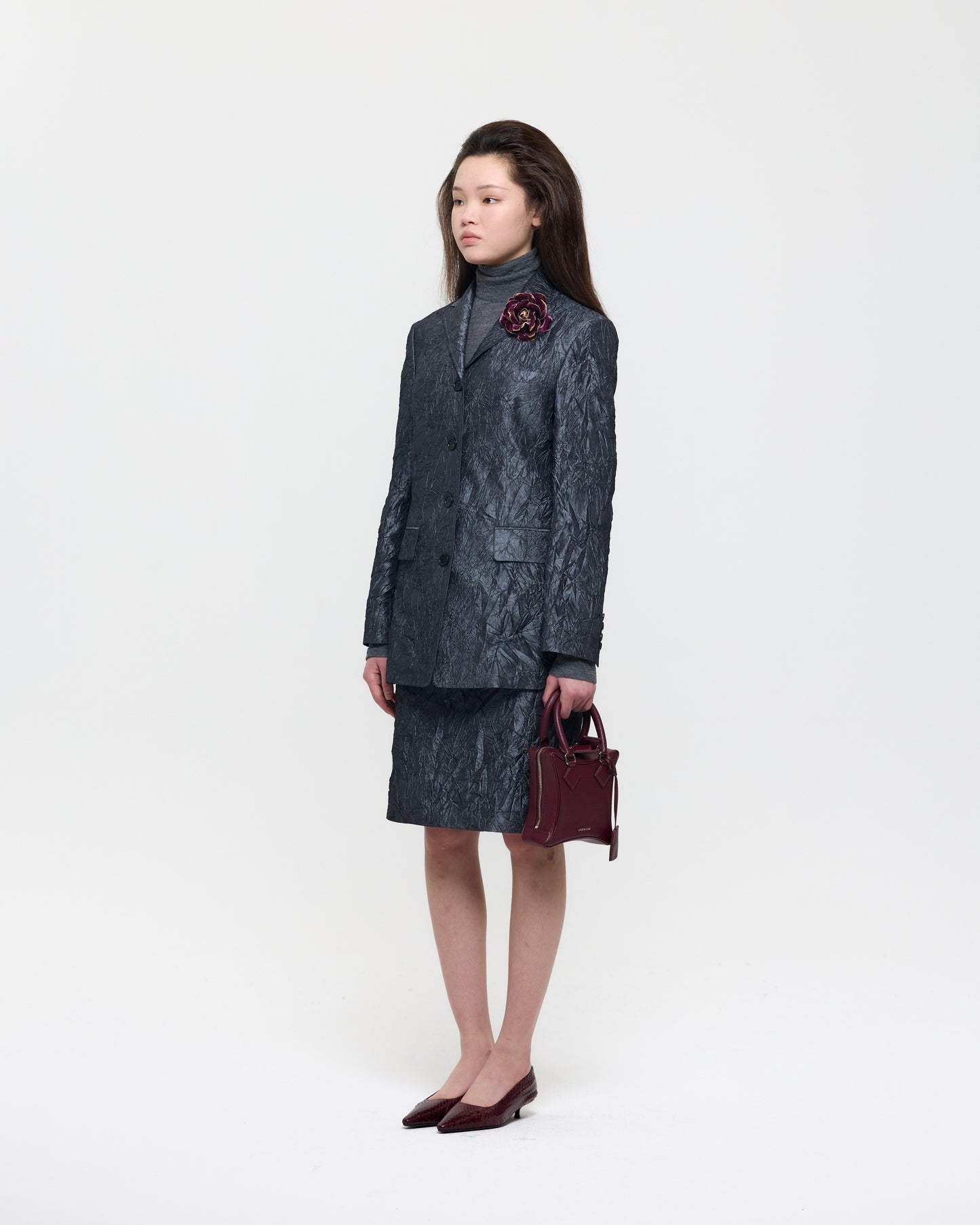 GRAY CREASED SILK TAFFETA SKIRT