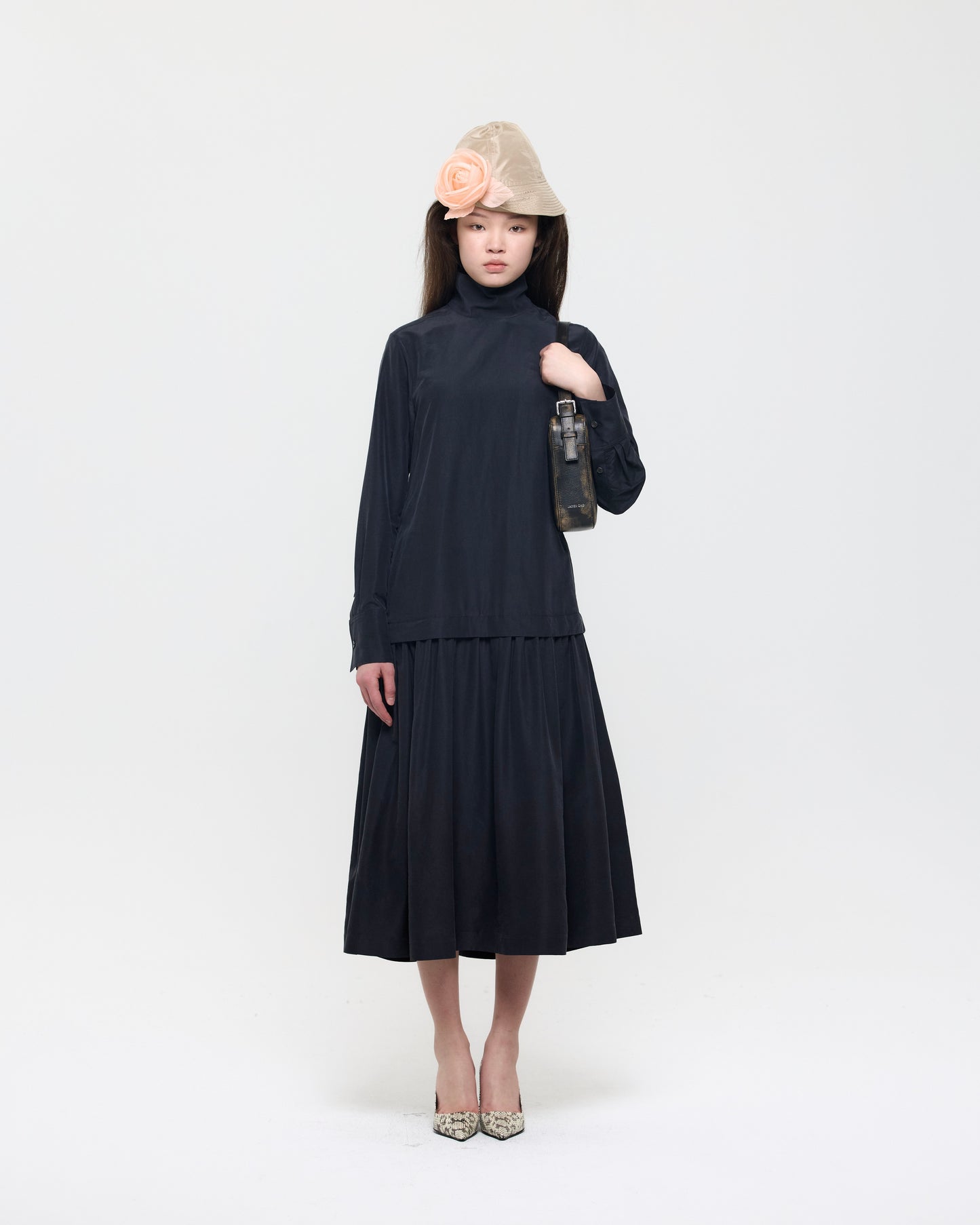 BLACK SILK LONG HIGH NECK DRESS