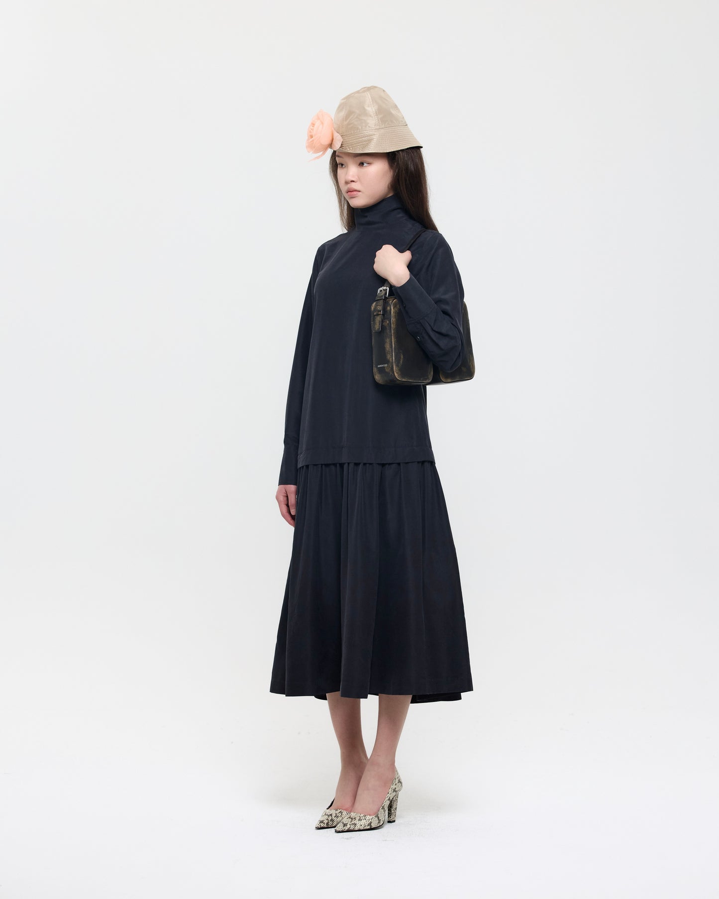 BLACK SILK LONG HIGH NECK DRESS
