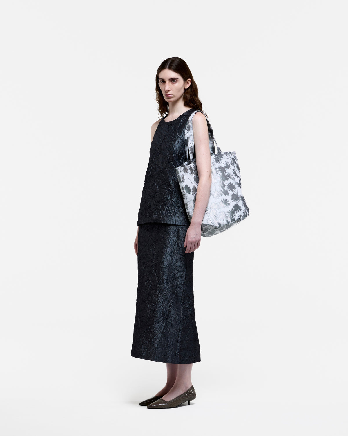 GRAY CREASED SILK TAFFETA LONG SKIRT