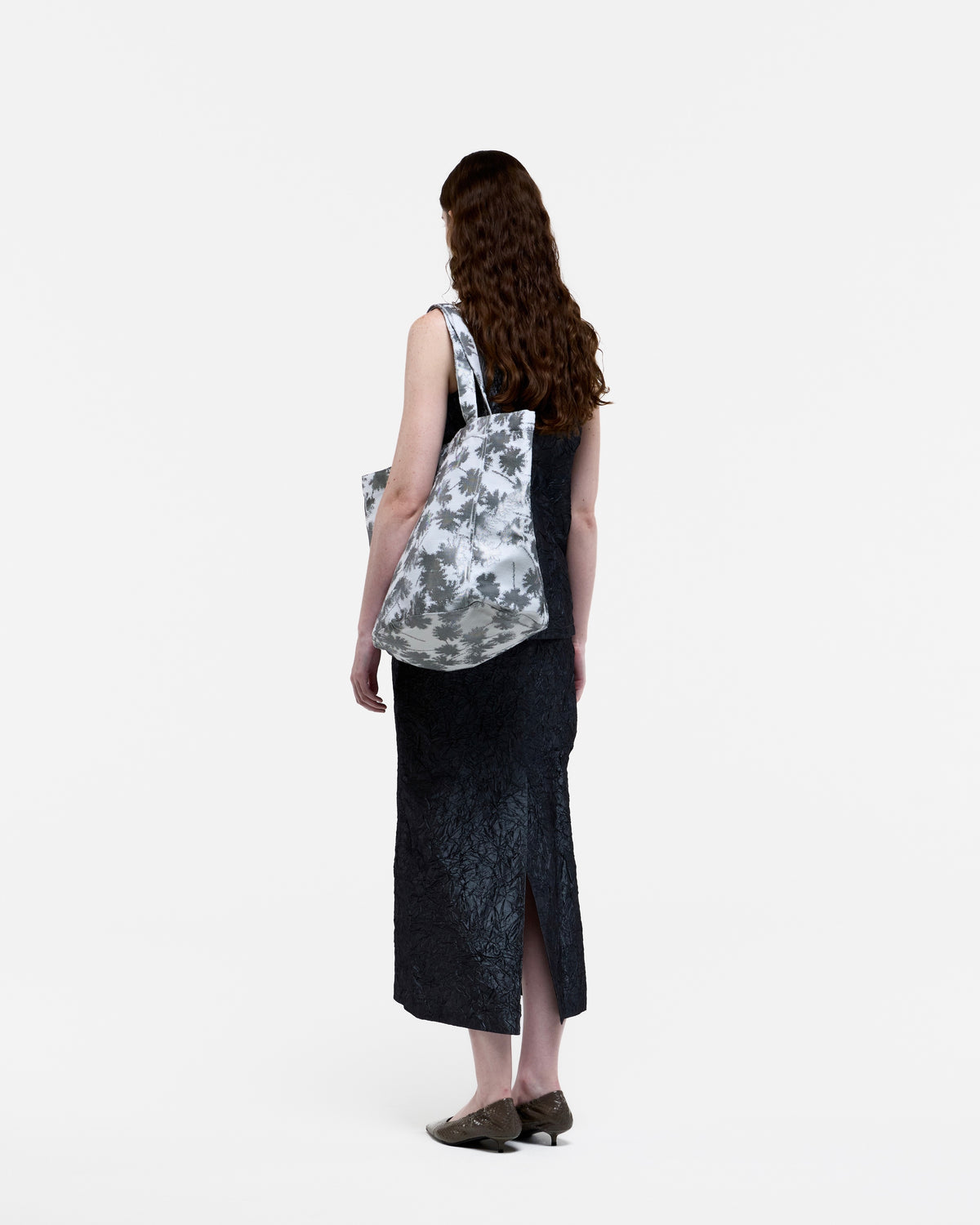 GRAY CREASED SILK TAFFETA LONG SKIRT