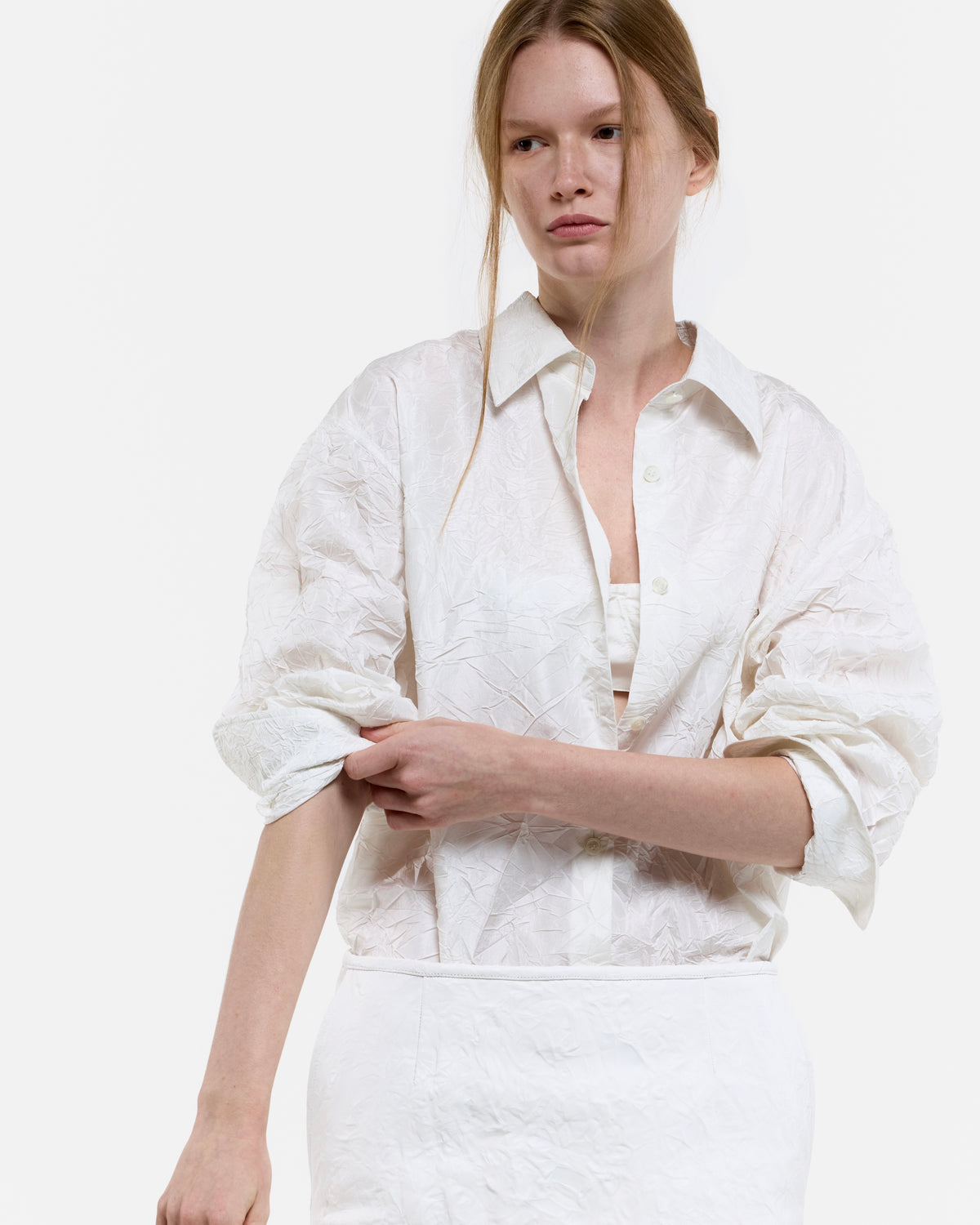 WHITE CREASED SILK TAFFETA SHIRT