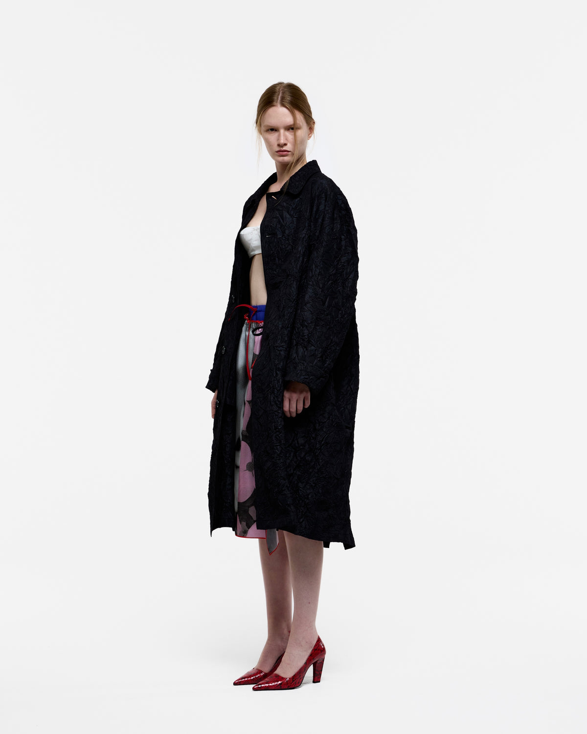 BLACK CREASED SILK TAFFETA COAT