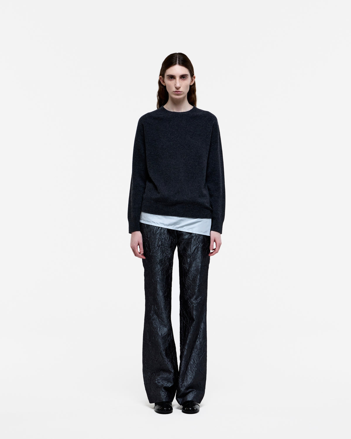 GRAY CREASED SILK TAFFETA BELL BOTTOM TROUSERS