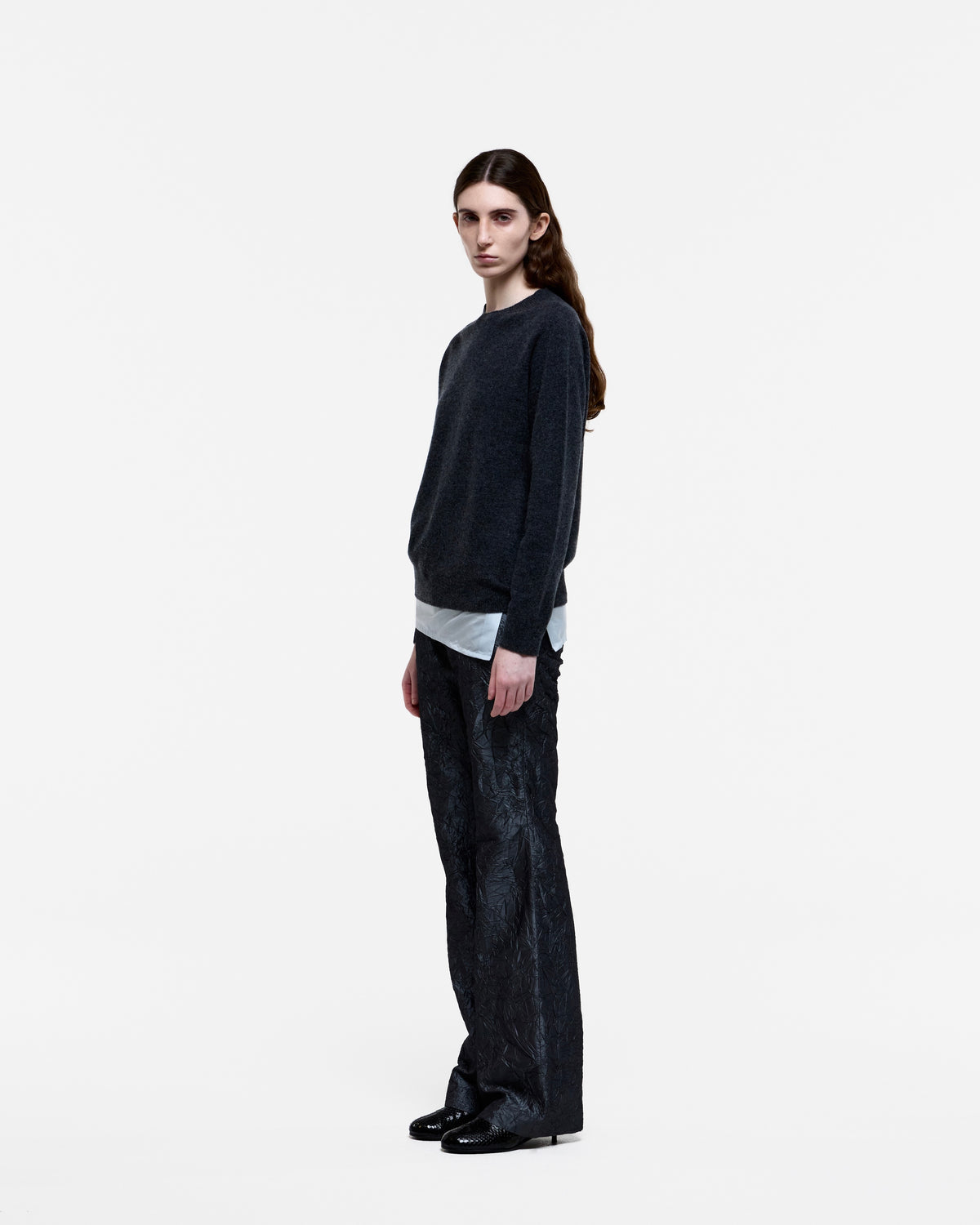 GRAY CREASED SILK TAFFETA BELL BOTTOM TROUSERS