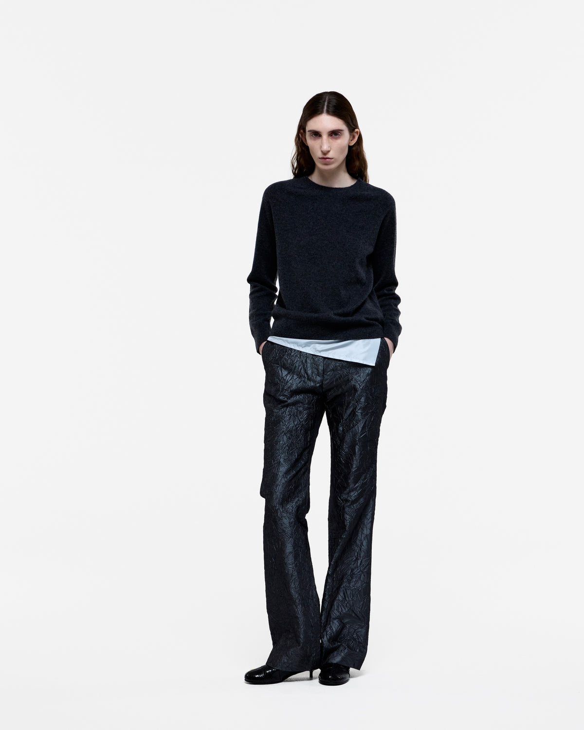 GRAY CREASED SILK TAFFETA BELL BOTTOM TROUSERS