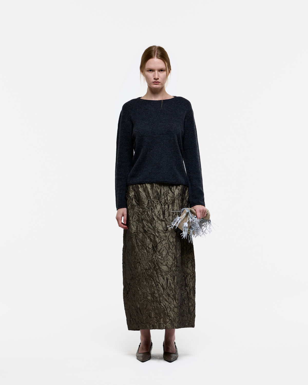 BROWN CREASED SILK TAFFETA LONG SKIRT