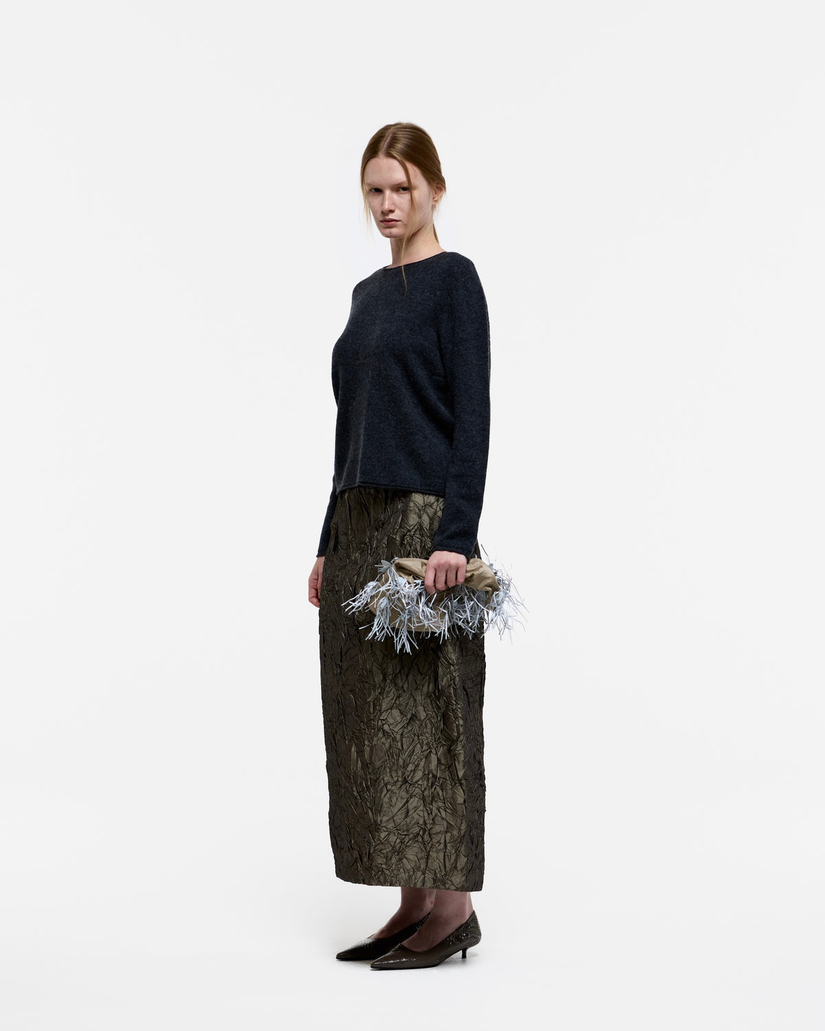BROWN CREASED SILK TAFFETA LONG SKIRT