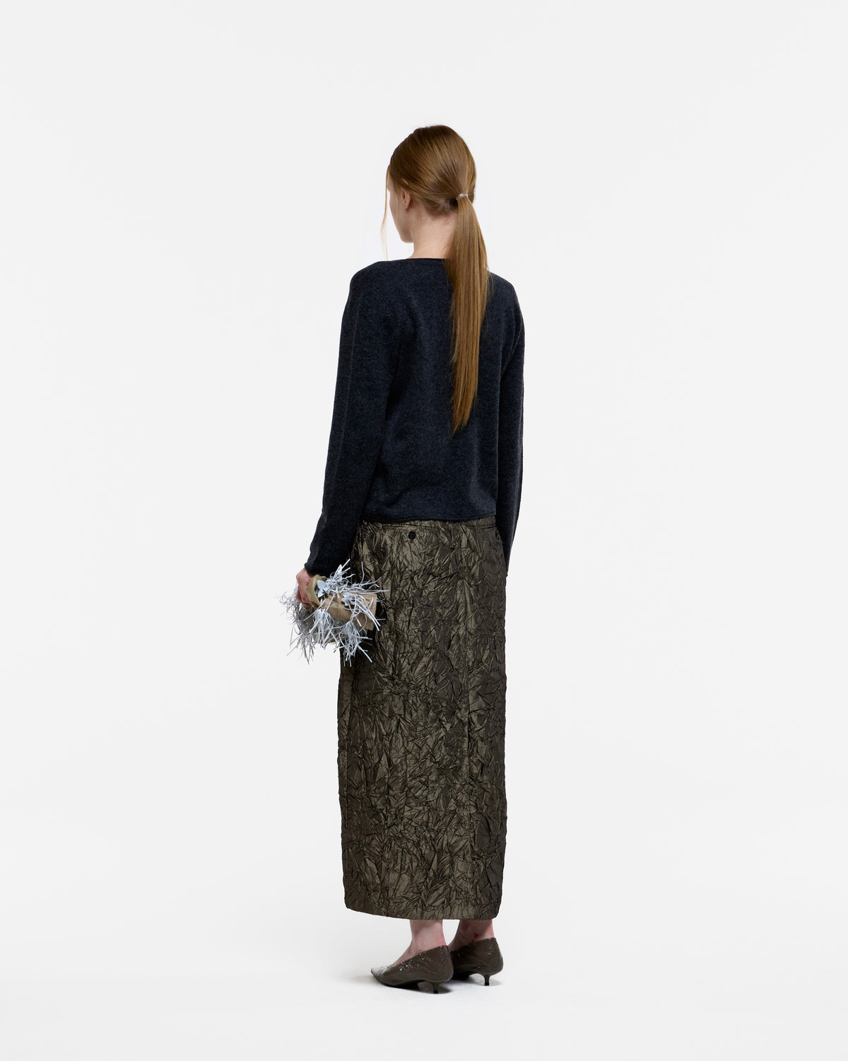 BROWN CREASED SILK TAFFETA LONG SKIRT