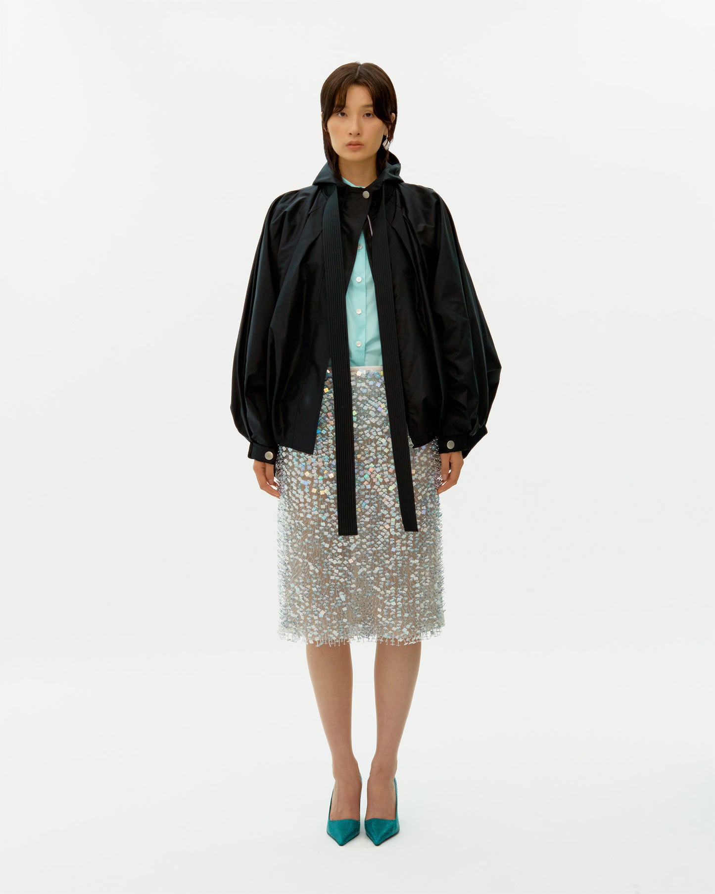 BLACK LONG RIBBON SILK CLOUDS PARKA