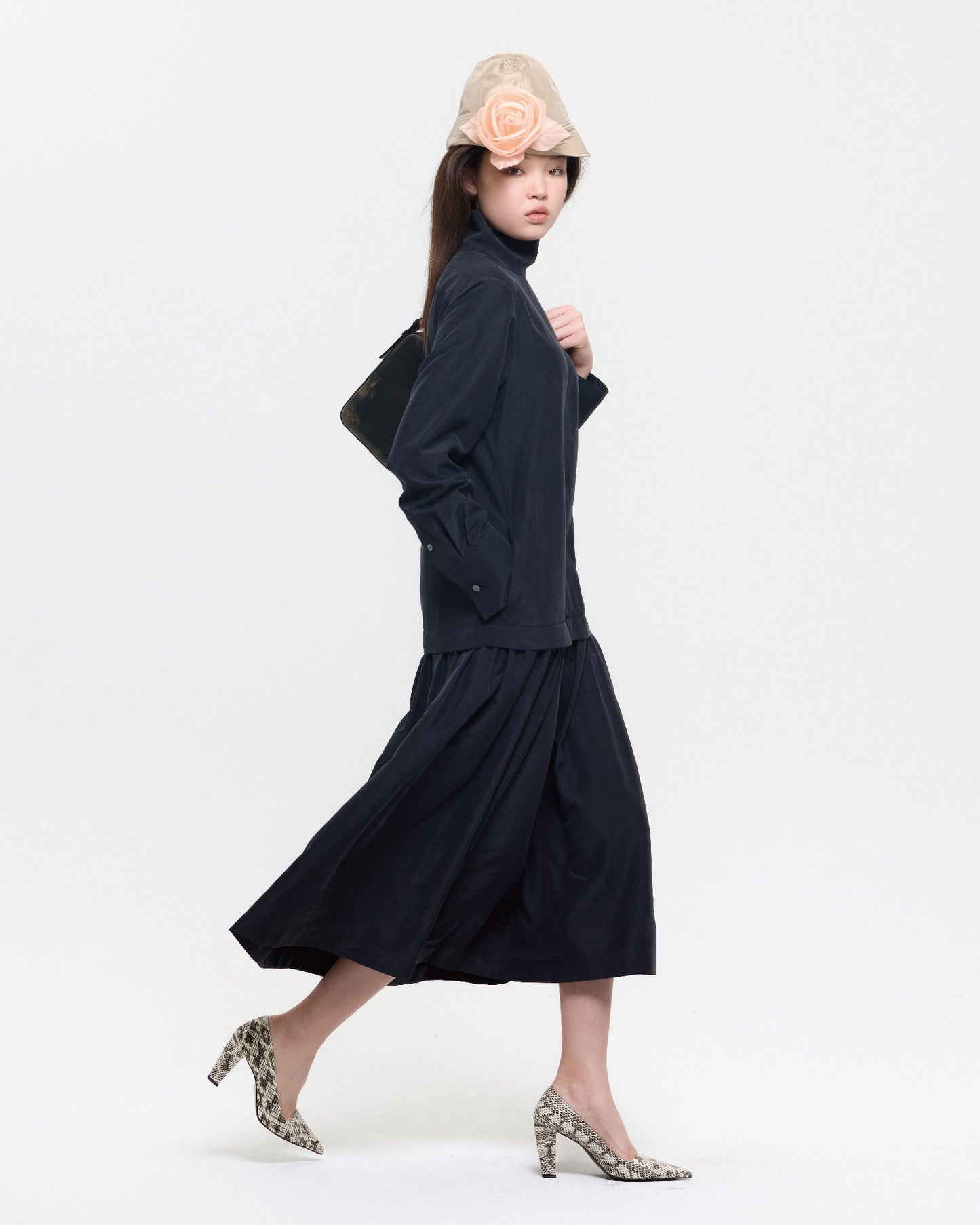 BLACK SILK LONG HIGH NECK DRESS