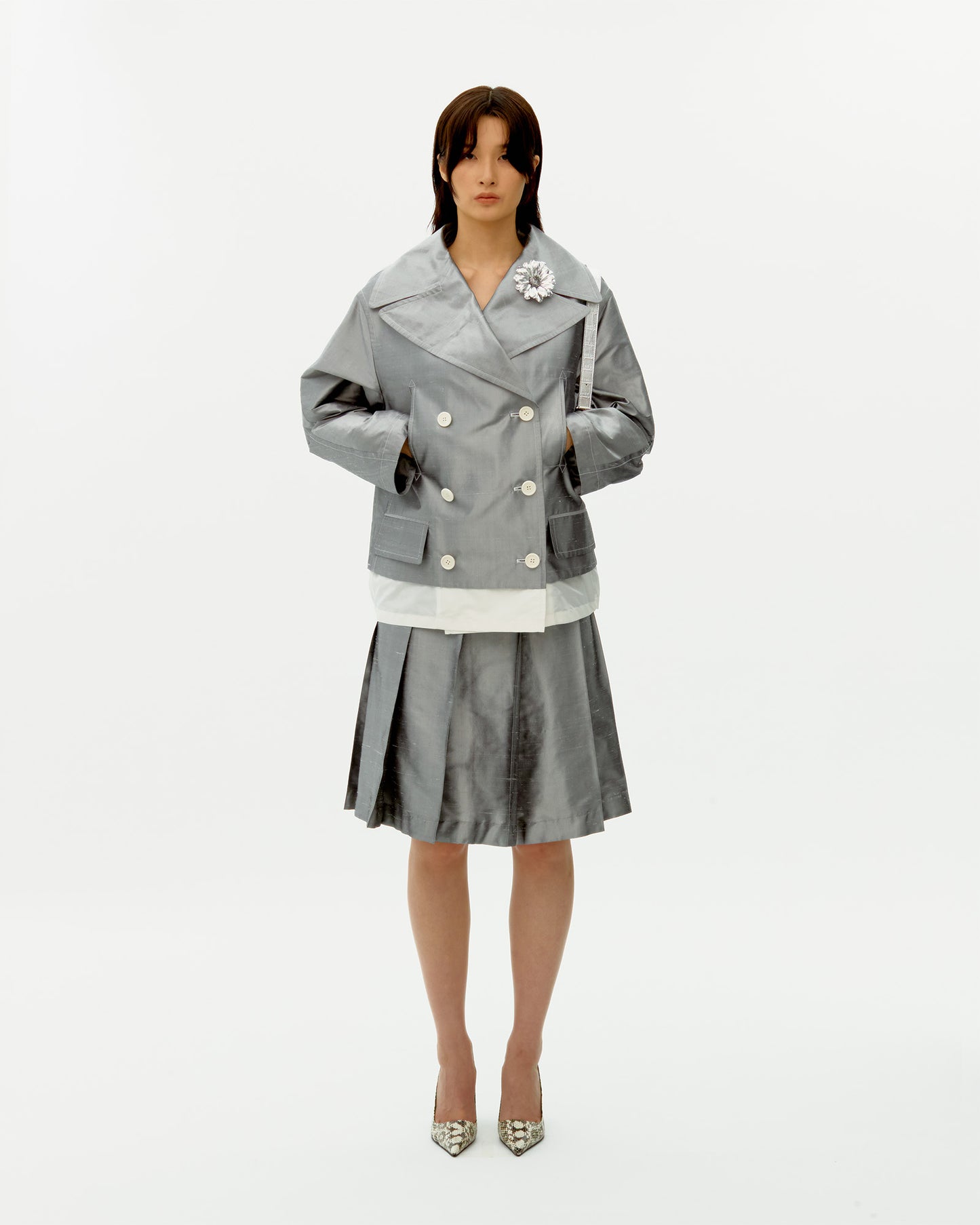 SILVER SILK LAYERED HALF COAT