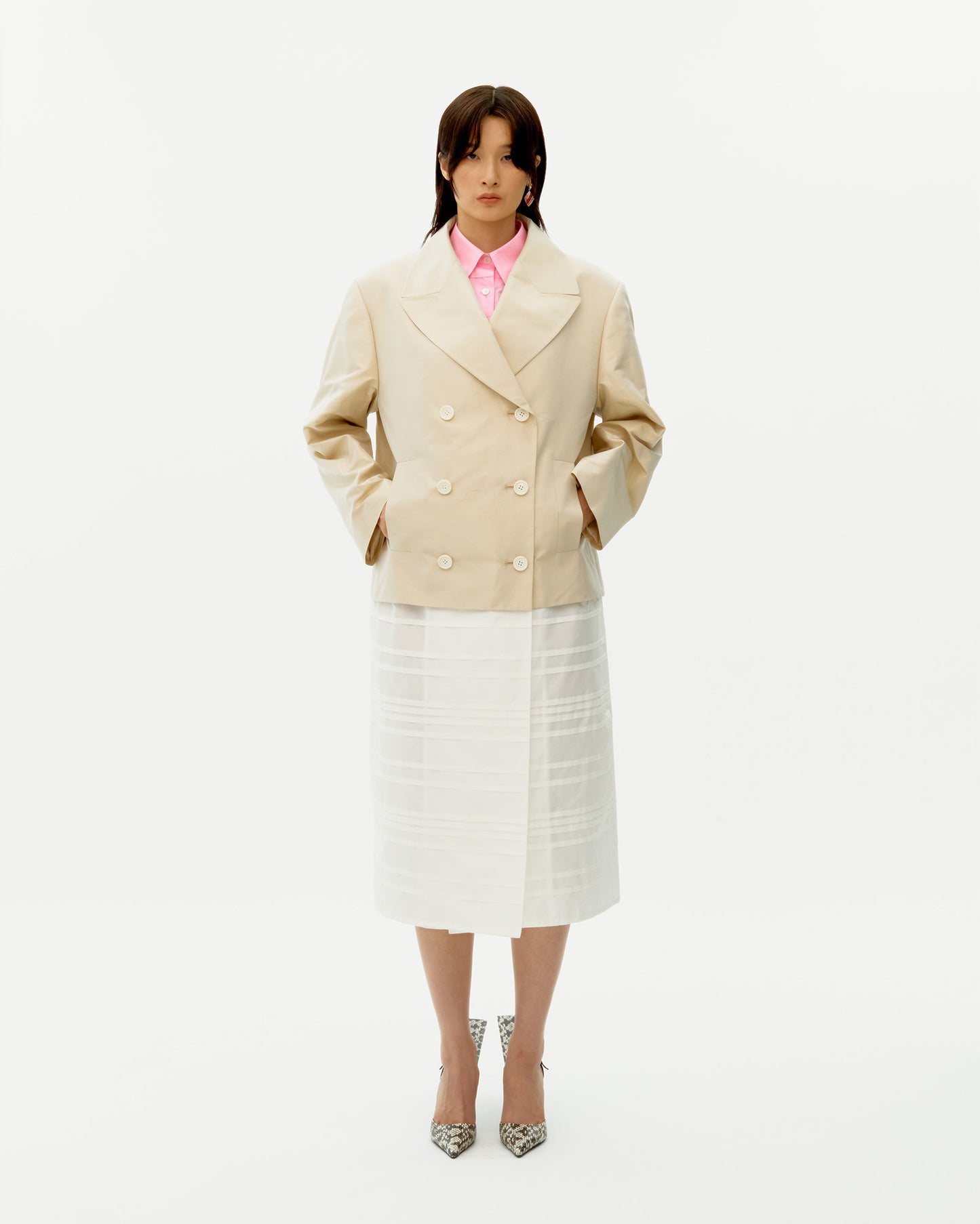 BEIGE PINTUCK STRIPE LONG COAT