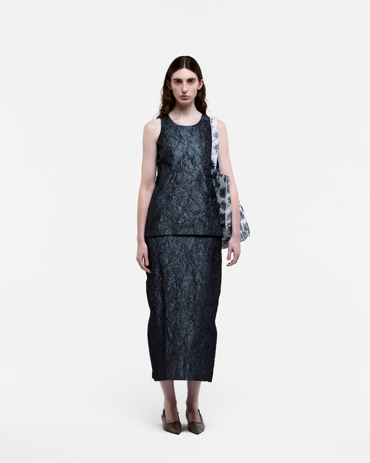 GRAY CREASED SILK TAFFETA LONG SKIRT