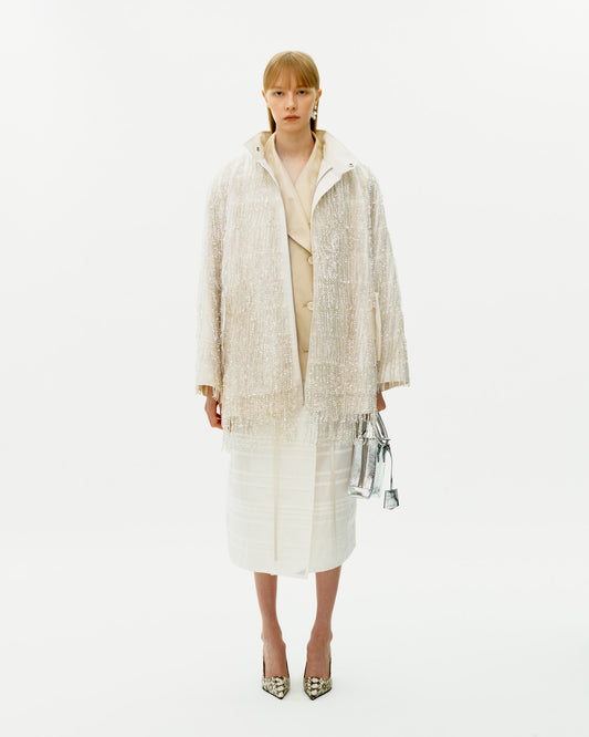 WHITE SEQUIN FRINGE SILK PARKA