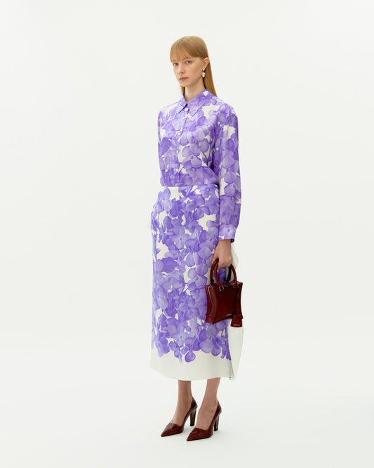 VIOLET BEGONIA PRINTED SILK FLAG SKIRT