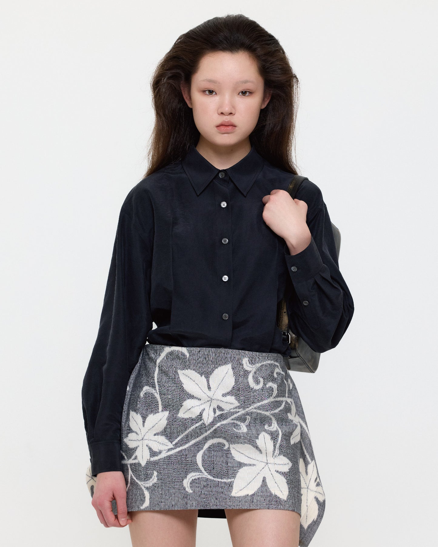 BLACK SILK BANDED SHIRT